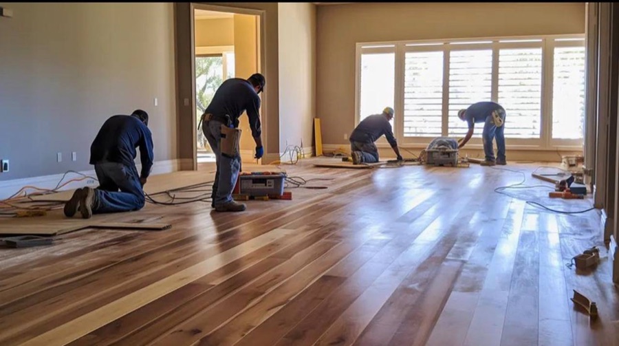 Hardwood installation crew working in a large residential space