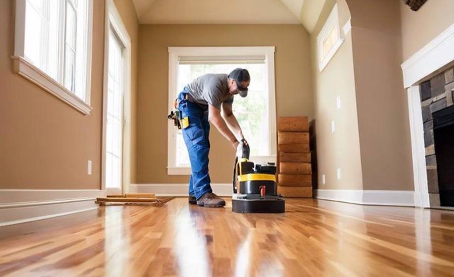 Hardwood floor refinishing and buffing in a residential home