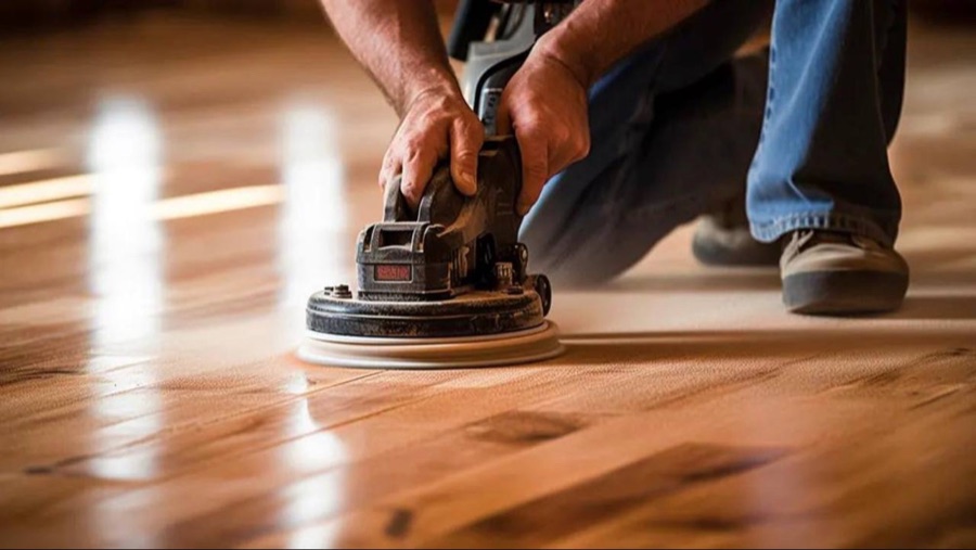 Orbital sander refinishing a hardwood floor close-up